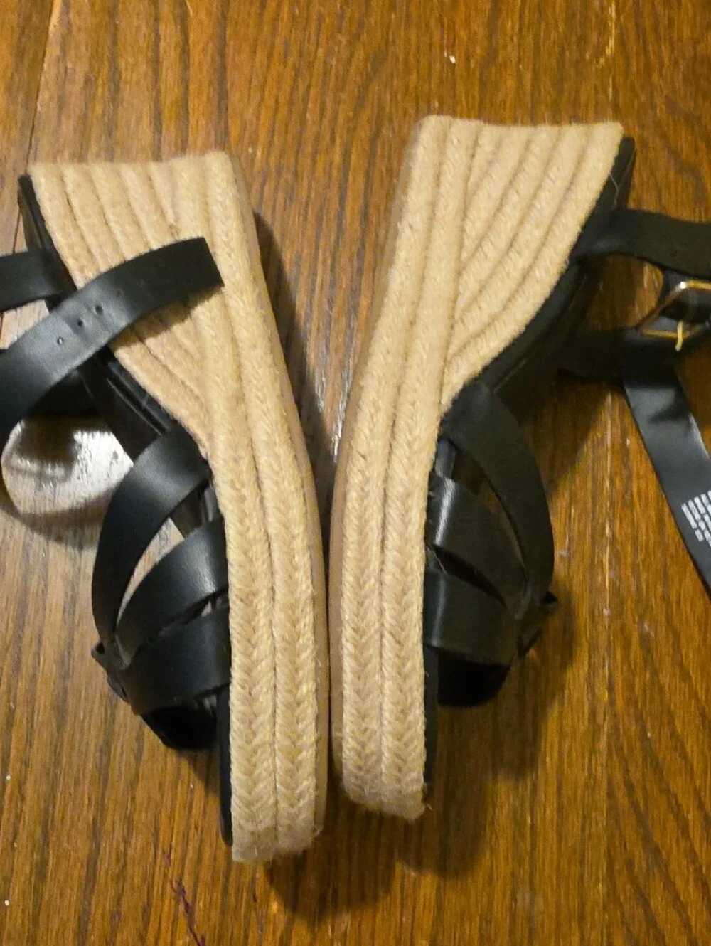 Time and Tru Black Espadrille Wedge Sandals with Gold Buckle